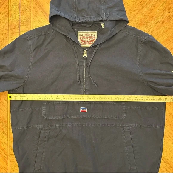 Levis Denim Pullover Hoodie Jacket Men’s Size XL Navy Y2K 1/2 Zip Logo Sleeves - Picture 8 of 15